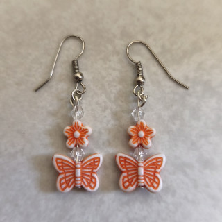 Ohrhänger mit Schmetterlingen + Blumen Orange-Weiß