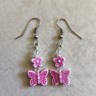 Ohrhänger mit Schmetterlingen + Blumen Pink-Weiß