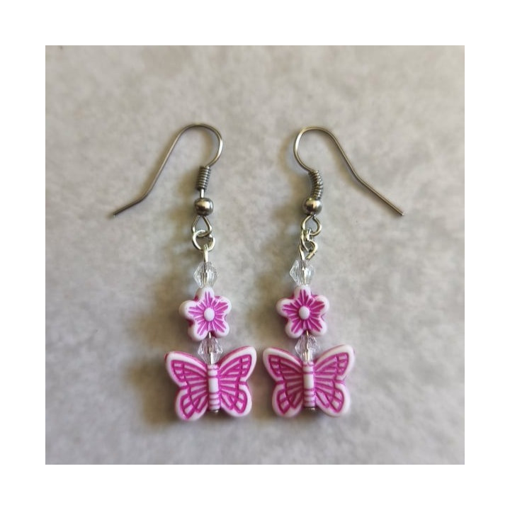 Ohrhänger mit Schmetterlingen + Blumen Pink-Weiß