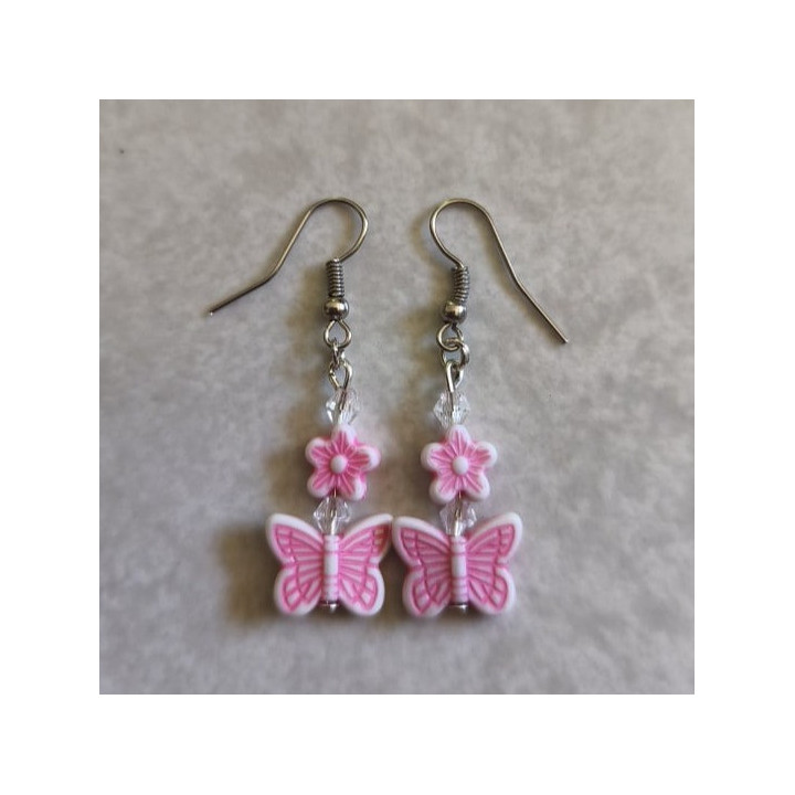 Ohrhänger mit Schmetterlingen + Blumen Rosa-Weiß