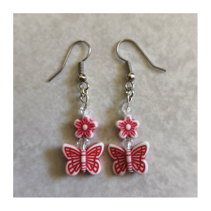 Ohrhänger mit Schmetterlingen + Blumen Rot-Weiß