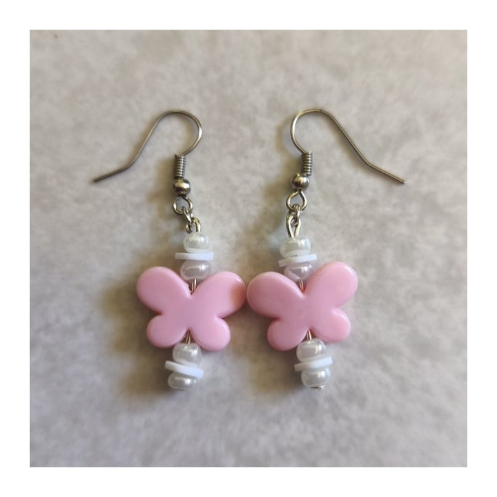Ohrhänger mit Schmetterlingen + Glas-Rocailles Rosa-Weiß